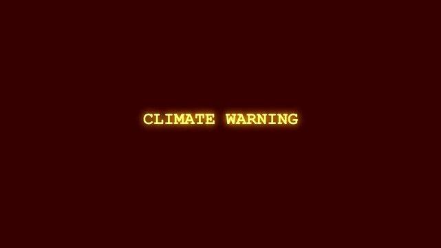 Climate warning vibrant neon lettering sequence with computer system glitch and character encryption effects on deep maroon canvas for global environmental risk analysis graphics