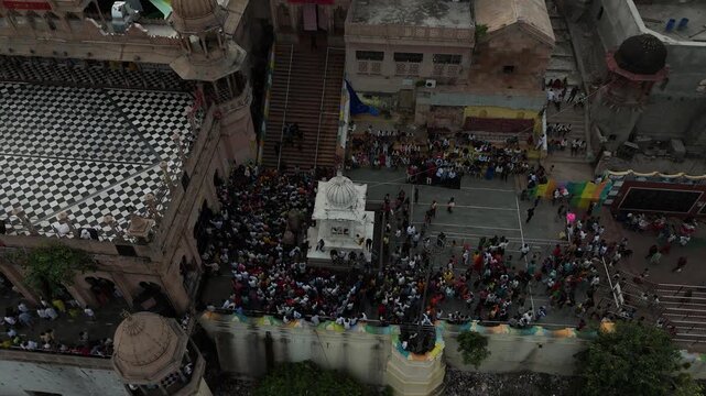 Cinematic Aerial perspective of the beautiful Bhanugarh hilltop, temples, and religious architecture of Shriji Temple (Radha Rani Mandir) Barsana 