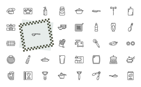 outline kitchen icons set - chef hat, stove, pizza cutter, tureen. editable vector for web and mobile ui