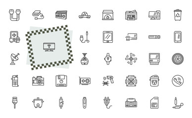Fototapeta premium outline electronic devices icons set - sata, electric blanket, ceiling fan, telephone. editable vector for web and mobile ui