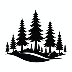 Obraz premium Pine tree forest, black silhouette landscape, nature scene, vector icons