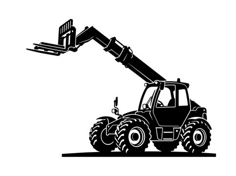 Black and white silhouette of a telescopic handler construction vehicle.