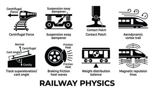 Icons illustrating railway physics principles including centrifugal force and aerodynamics.