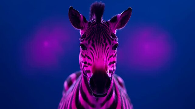 Close Up Of A Zebra Head With Pink Neon Lighting And Dark Blue Background