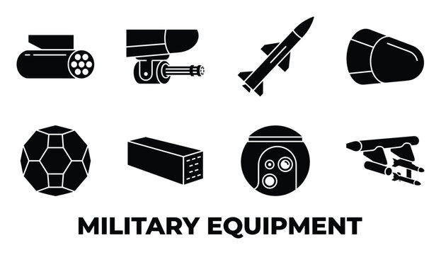 Military equipment solid icons set for defense industry and aviation technology.