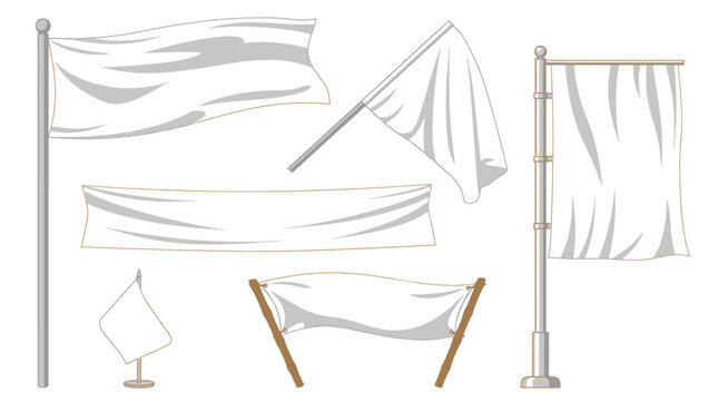 White blank flags and banners collection, 6 vector mockups of waving fabric on poles, clean textile advertising streamers for branding and marketing