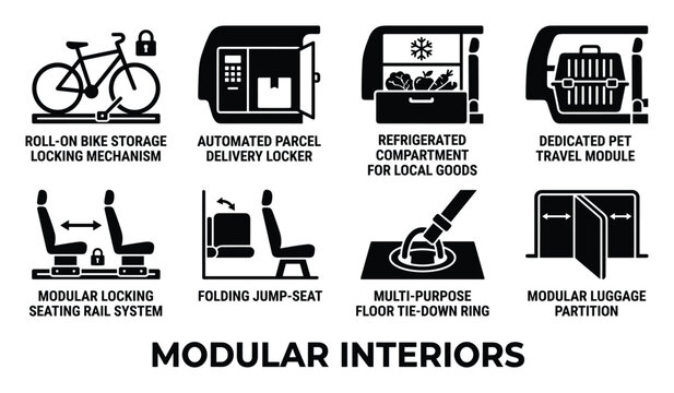 Modular vehicle interior options for customization and versatile cargo storage solutions.