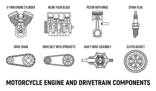 Motorcycle engine and drivetrain components cross section detailed vector graphics.
