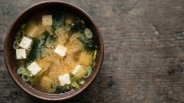 The Spirit of Umami: Macro Shot of Miso Particles Dissolving in Clear Dashi Broth with Wakame Seaweed and Tofu