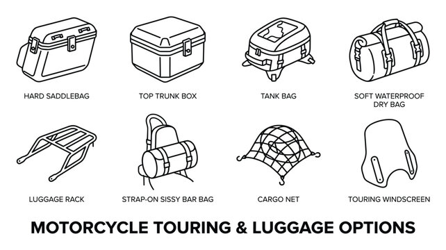 Motorcycle touring luggage options line art icons set on white background vector illustration.