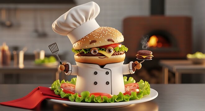 Whimsical anthropomorphic burger chef holding miniature burger, presented on lettuce and tomato. Kitchen setting with oven