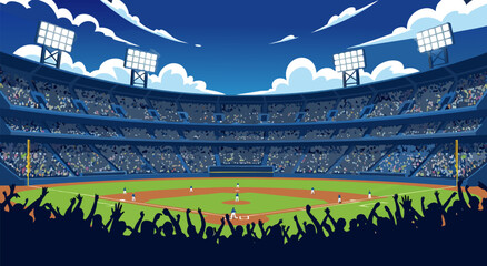 Vector illustration of a baseball stadium filled with cheering fans, a full baseball field, and stadium lights under a cloudy sky © Purnomo Semlirick