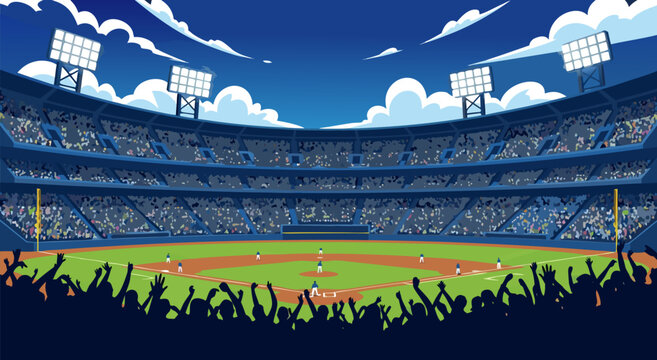 Vector illustration of a baseball stadium filled with cheering fans, a full baseball field, and stadium lights under a cloudy sky