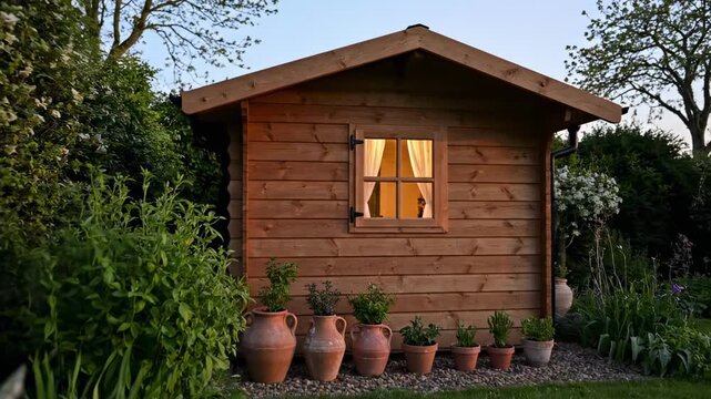 Garden shed small wooden cabin with glowing window, terracotta herb pots, lush evening border plants, warm rustic boards, peaceful backyard hideaway framed by greenery and soft twilight garden light