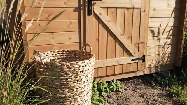 Garden shed small wooden doorway with rustic wicker basket, woven garden container, dry grasses, warm plank siding, earthy soil bed, cozy cottage storage corner in bright natural sunlight and herbs