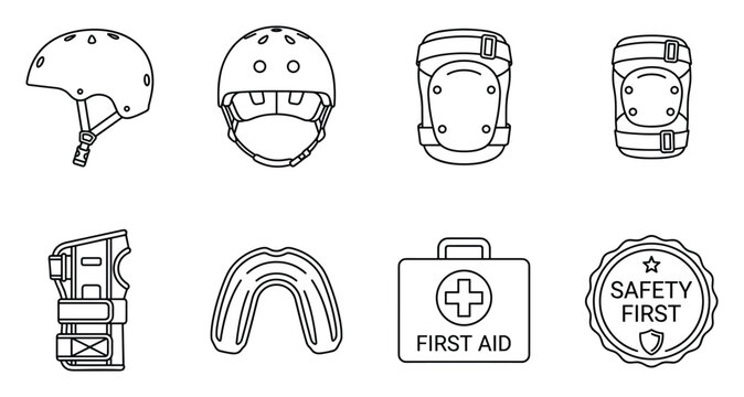 Set of eight protective gear icons for extreme sports and activities safety equipment with white background.