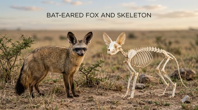 Wild Bat Eared Fox Standing Beside Animal Skeleton in Dry Savanna Landscape