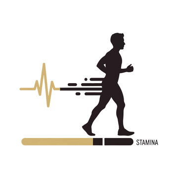 Side profile silhouette of a long-distance runner with a trailing pulse wave and stamina bar indicators. Faded tan and dark brown color scheme. Clean geometric shapes for health tracking.