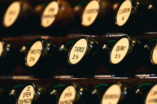 Close-up shot of the keyboard of Boston Emmanuel Casavant Opus 700 pipe organ inside Xiamen Gulangyu Pipe Organ Art Center, showing delicate musical details.