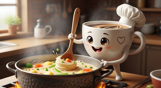 Whimsical illustration of a coffee cup character in a chef's hat stirring a pot of soup with various vegetables