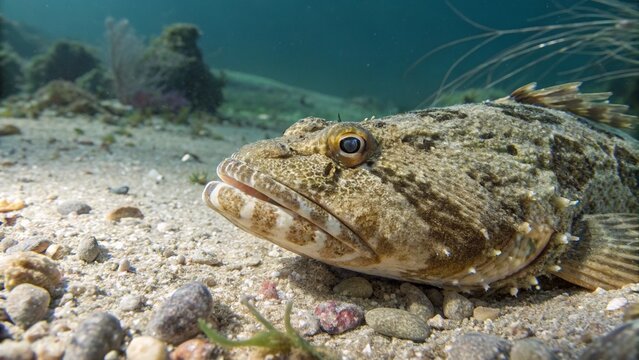 Oyster toadfish camouflaged on the rocky ocean floor in its natural underwater habitat