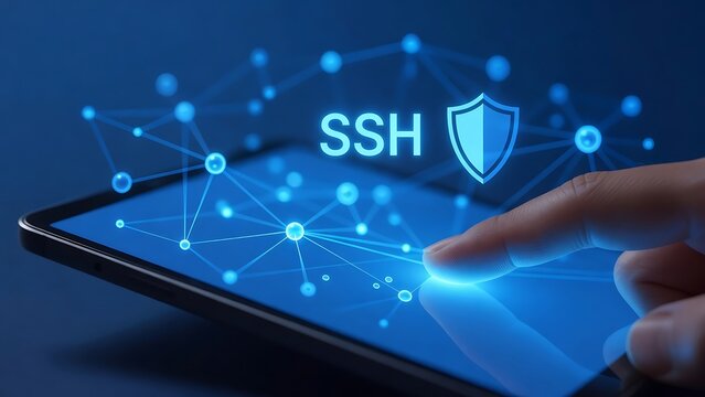 Close up of a finger touching a glowing blue digital screen interface with SSH secure shell network security
