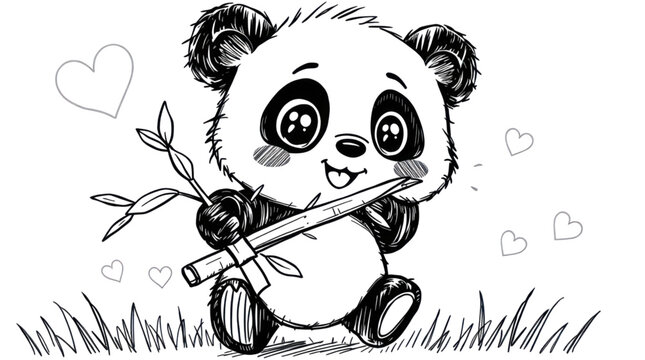 Panda Playing Bamboo Flute with Floating Hearts in Charming Line Art Style