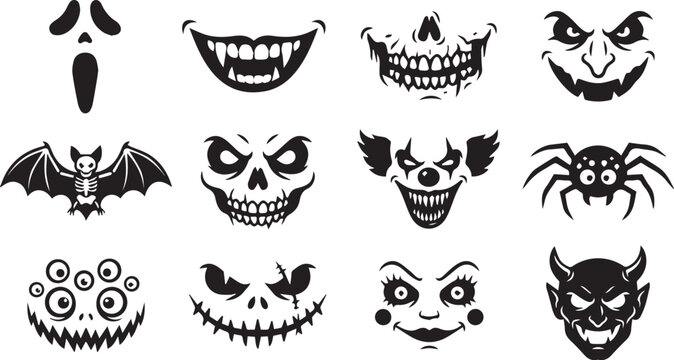 Halloween Horror Face Silhouette Set with Skulls, Clowns, and Monsters