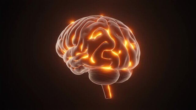 Glowing human brain with pulsating neural network activity, rotating slowly against a dark background, symbolizing consciousness, intelligence, and cognitive processes
