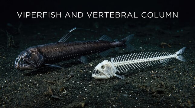 Deep Sea Viperfish Resting Beside Exposed Vertebral Column on Dark Ocean Floor