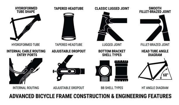 Advanced bicycle frame construction engineering features hydroformed tube tapered headtube lugged joint fillet brazed details.