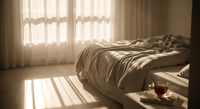 Soft natural light fills a bedroom through sheer curtains, casting shadows across a rumpled bed and a tea cup