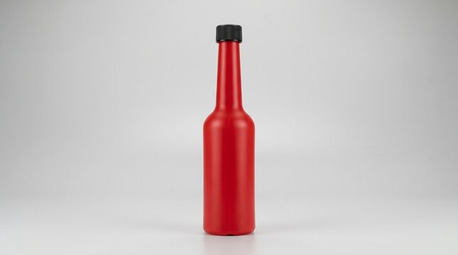 Red Tall Slim Plastic Bottle for Fuel Injector Cleaner and Gas Treatment, Blank Mockup for Automotive Fuel Additive Fluid Product Packaging