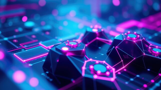 Abstract digital network. Glowing polygons, lines create futuristic circuit board impression. Vibrant blue, pink hues dominate scene.