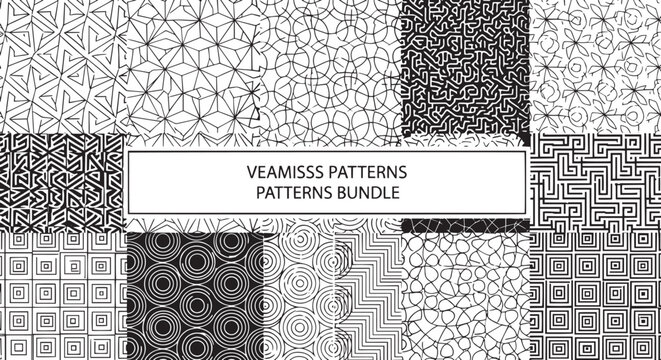 Geometric seamless patterns bundle abstract minimal linear grids and creative repeating textures black and white vector backgrounds set