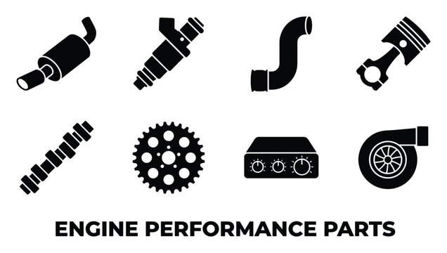 Engine performance parts icons auto upgrades symbols set turbocharger piston exhaust nozzle.