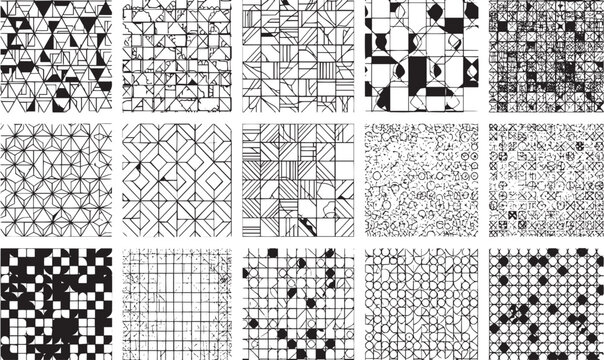 Geometric seamless patterns set abstract minimal linear lines grid and creative repeating textures black and white vector backgrounds