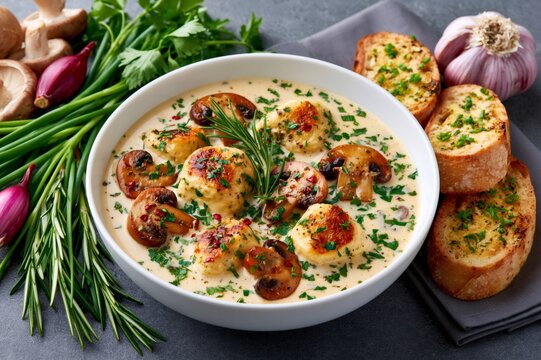 Creamy mushroom soup with chicken meatballs and garlic bread