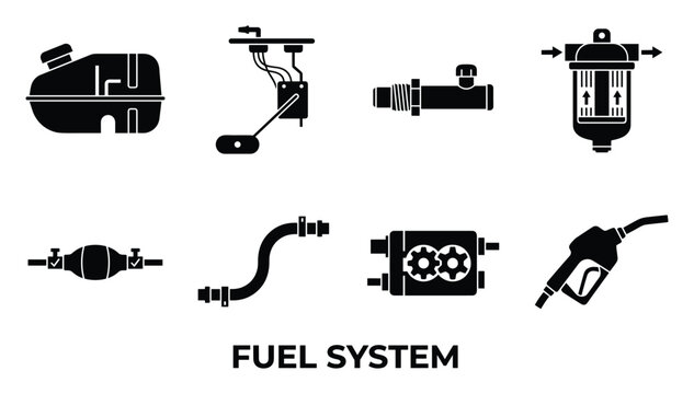 Fuel system components and parts, automobile engine icons vector set illustration.