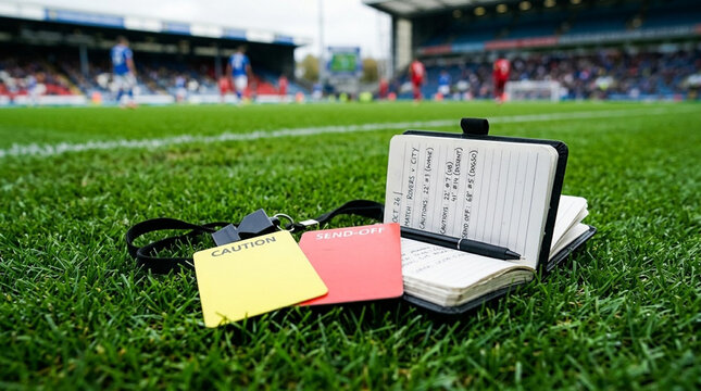 Close-up of soccer referee equipment including yellow and red cards, black whistle, and notebook with handwritten match notes on green turf with a blurred stadium background.