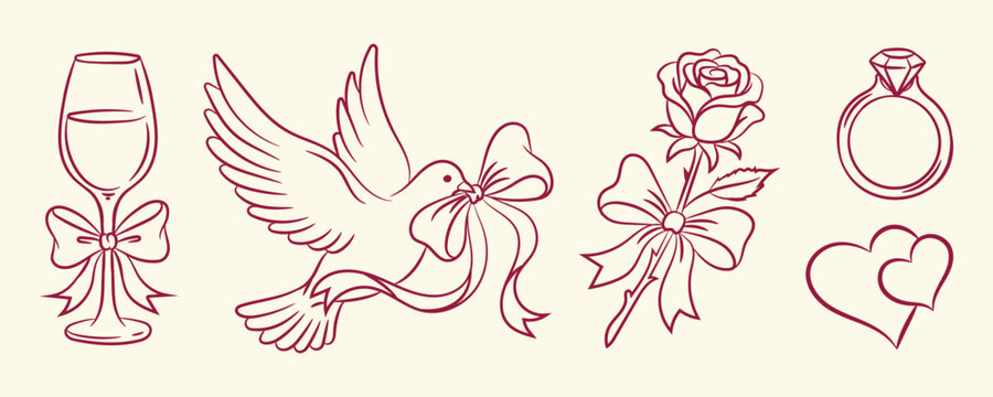 romantic wedding doodle line art elements vector set