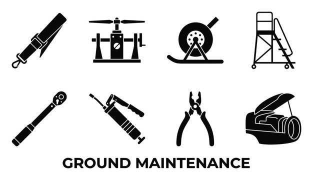 Ground maintenance equipment for aircraft, solid black icons on white background.