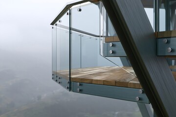Naklejka premium Modern glass balcony overlooking foggy mountain landscape