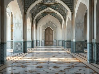 Fototapeta premium Beautiful mosque in Ramadan Kareem or Eid Al Fitr vibes. Islamic mosque architecture building concept by AI Generated
