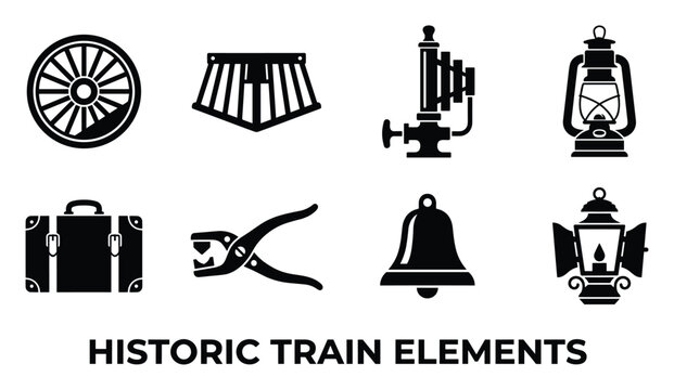 Historic train elements set with wheels luggage lantern bell and railroad car icons.