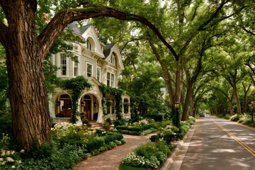Obraz premium Victorian house standing alongside suburban street with trees