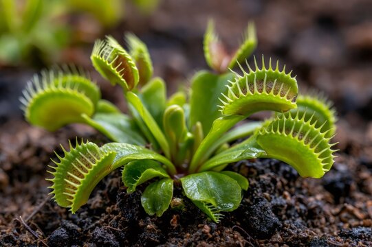 Venus Flytrap plant Dionaea muscipula growing in soil