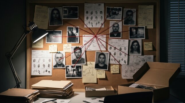 Professional Forensic Evidence Board with Connected Photographs, Fingerprints and Investigation Documents in Dark Detective Office, True Crime Investigation Concept