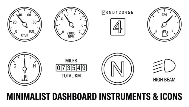 Minimalist dashboard instruments and icons for automotive vehicles speedometer tachometer fuel gauge temperature gear.