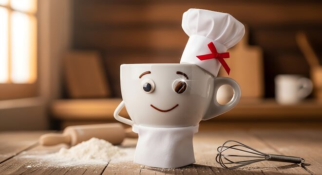 A whimsical anthropomorphic coffee cup, adorned with a chef's hat and apron, stands on a rustic wooden surface with baking tools